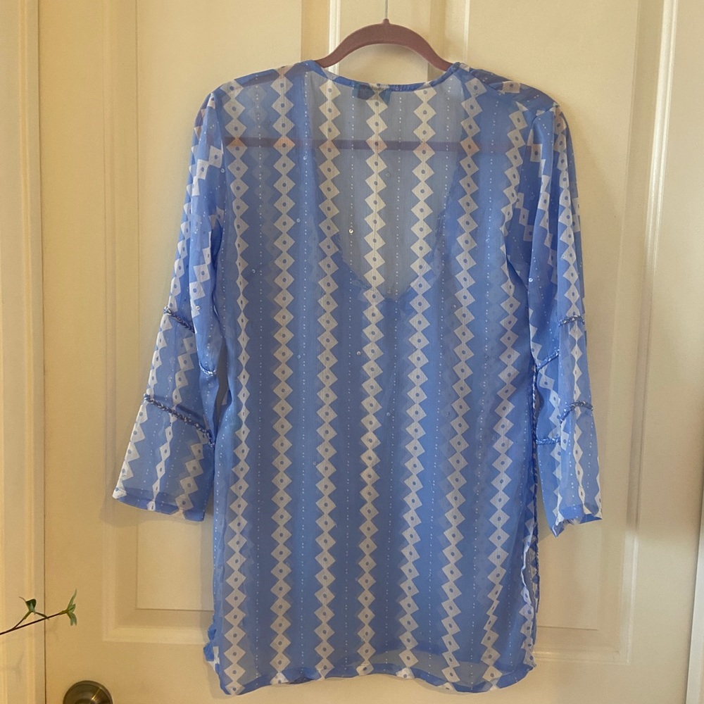 Letarte Embroidered Cover Up Women Size XS Mesh 3/4 Sleeve Blue Sheer - Picture 2 of 4